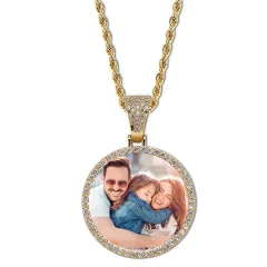 Gold Round Photo Pendant with Cubic Zirconia Halo and Rope Chain thumbnail 1