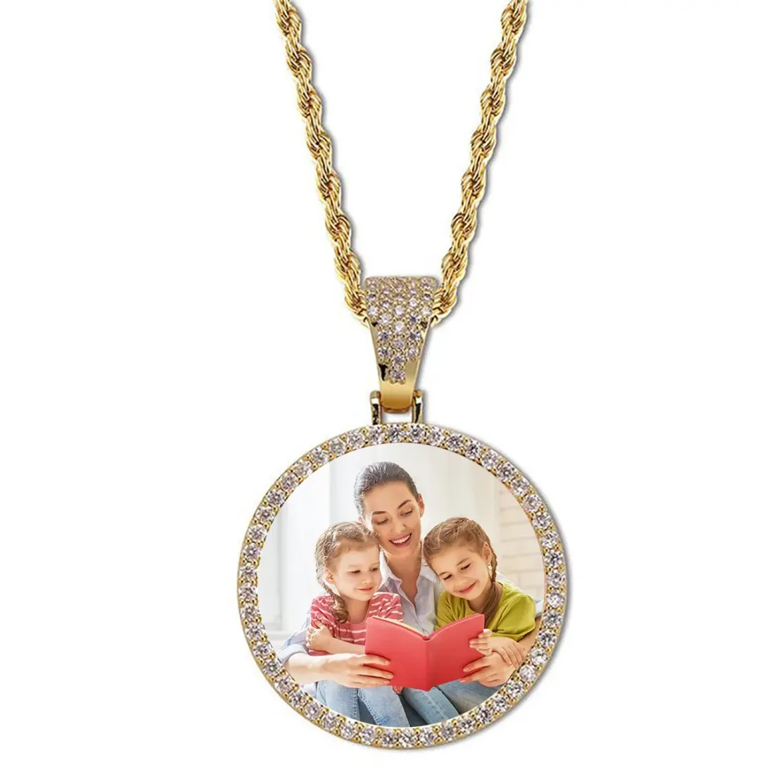 Gold Round Photo Pendant with Cubic Zirconia Halo and Rope Chain — photo 2