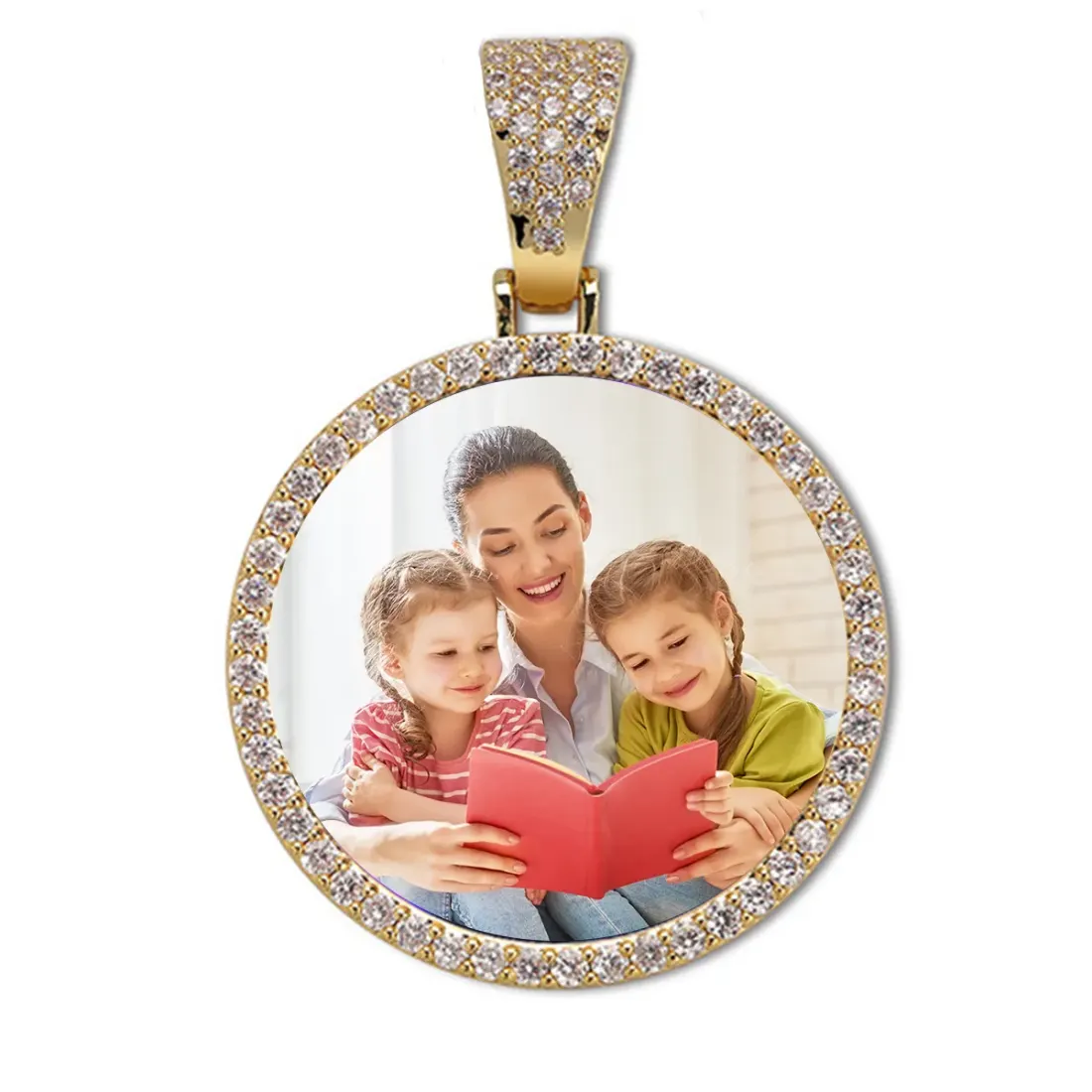 Gold Round Photo Pendant with Cubic Zirconia Halo and Rope Chain — photo 3