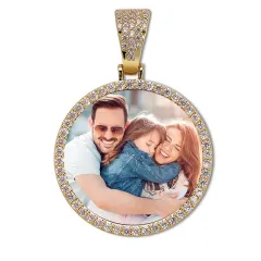 Gold Round Photo Pendant with Cubic Zirconia Halo and Rope Chain thumbnail 4