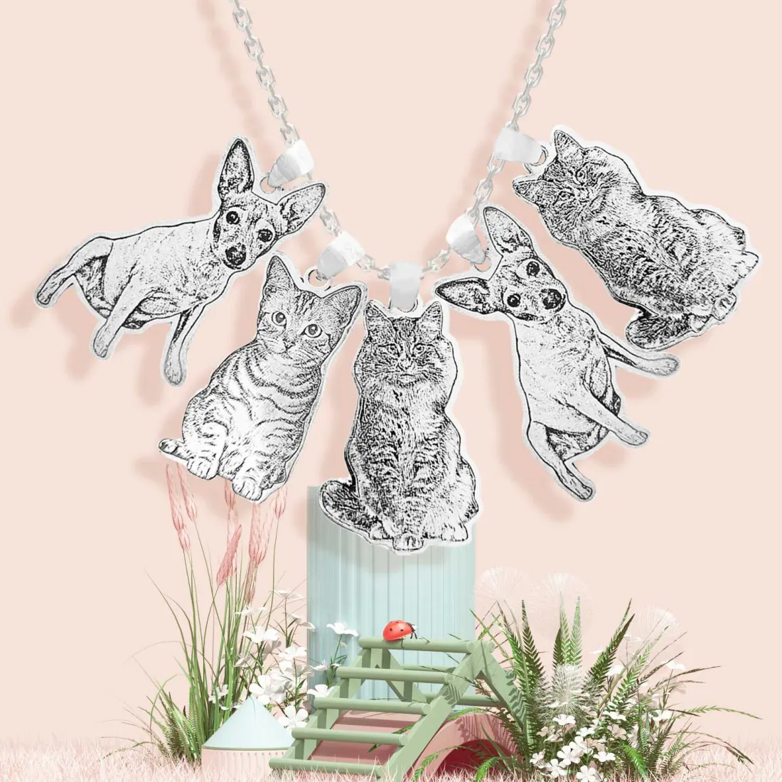 Pet Photo Charm Necklace with 5 Engraved Charms for Dog and Cat Lovers