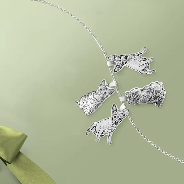 Four Pet Photo Necklace with Engraved Charms, Gift for Dog and Cat Lovers