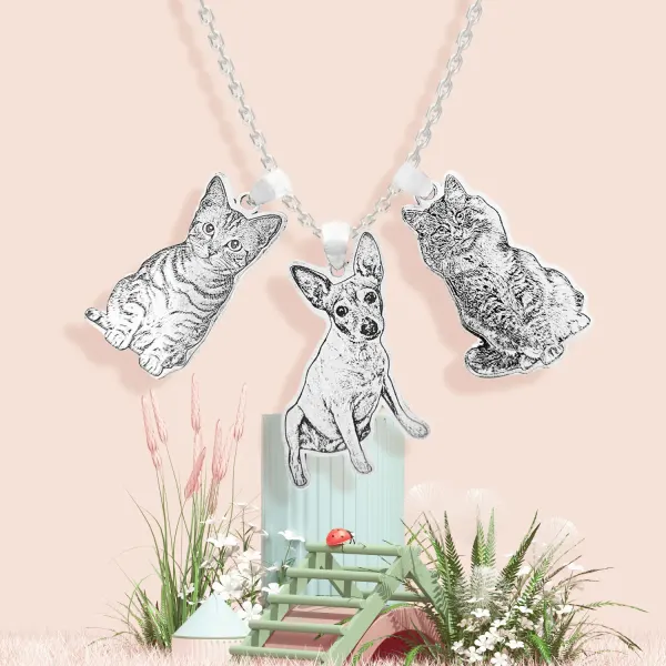 Three Pet Photo Necklace with Engraved Charms, Gift for Pet Moms and Dads