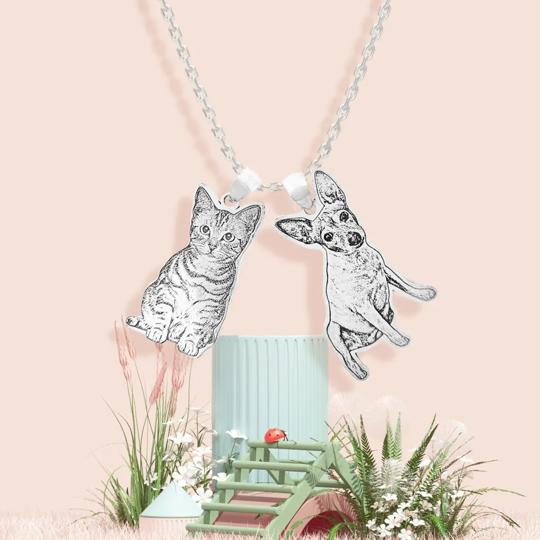Two Pet Photo Necklace with Engraved Charms, Gift for Dog and Cat Owners