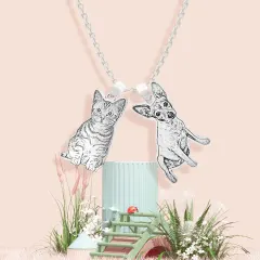 Two Pet Photo Necklace with Engraved Charms, Gift for Dog and Cat Owners thumbnail 1
