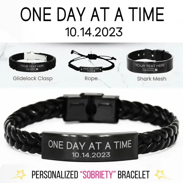 One Day at a Time Engraved Sobriety Date Bracelet: Personalized Recovery necklace for men