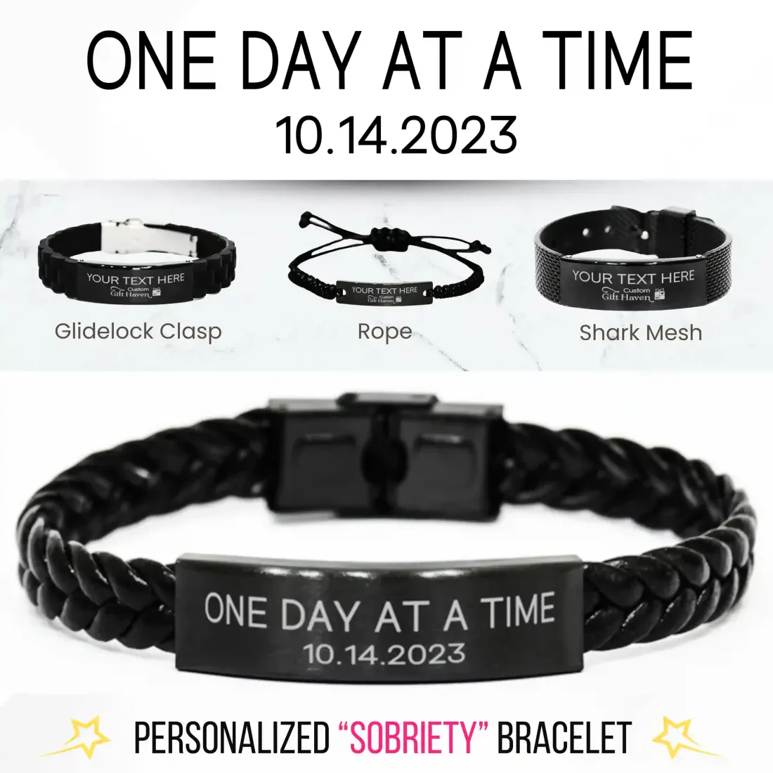 One Day at a Time Engraved Sobriety Date Bracelet: Personalized Recovery necklace for men