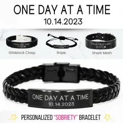 One Day at a Time Engraved Sobriety Date Bracelet: Personalized Recovery necklace for men thumbnail 1