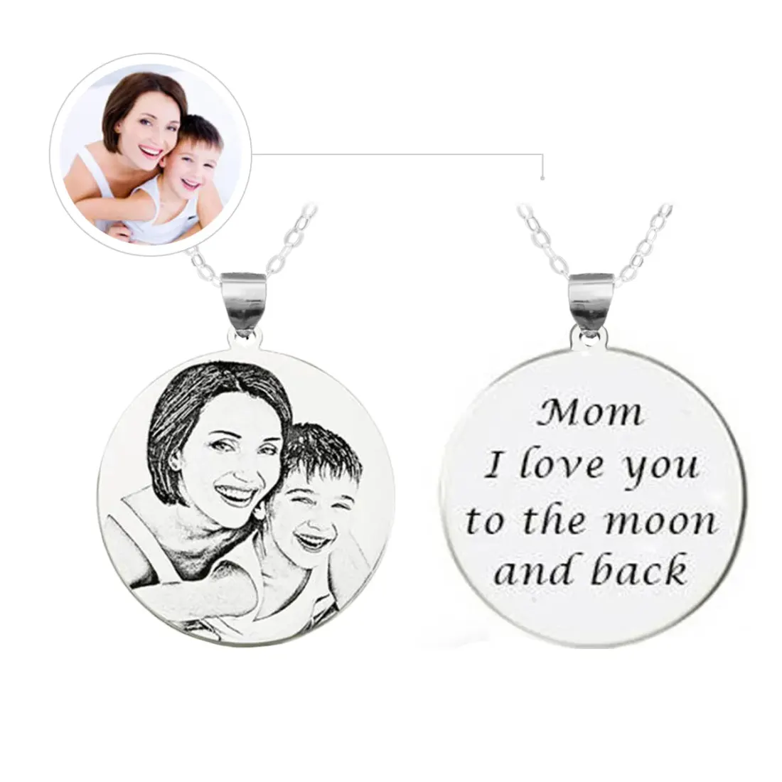 Engraved Photo Disc Necklace with Custom Back Message, Gift for Mom or Dad