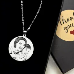 Engraved Photo Disc Necklace with Custom Back Message, Gift for Mom or Dad thumbnail 2
