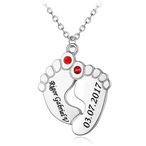 Baby Feet Name Necklace with Birth Date and Red Stones, New Mom Gift