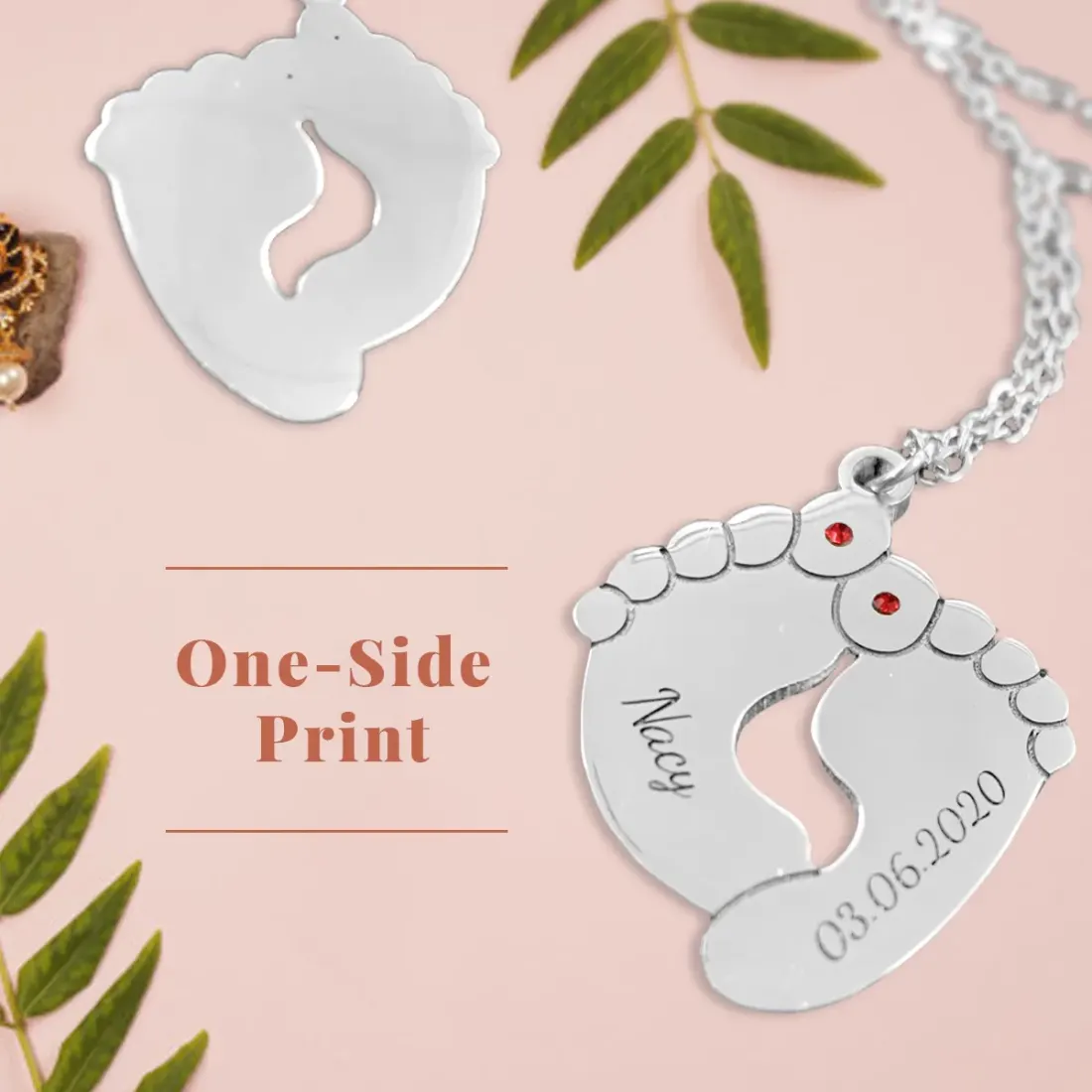 Baby Feet Name Necklace with Birth Date and Red Stones, New Mom Gift — photo 2