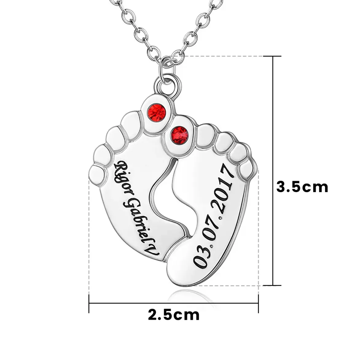 Baby Feet Name Necklace with Birth Date and Red Stones, New Mom Gift — photo 3