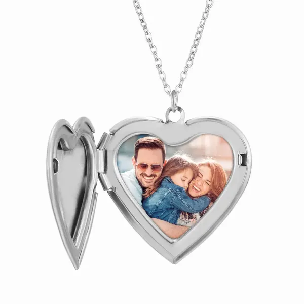 Silver Heart Photo Locket Necklace with Engraving, Family Photo Gift for Mom