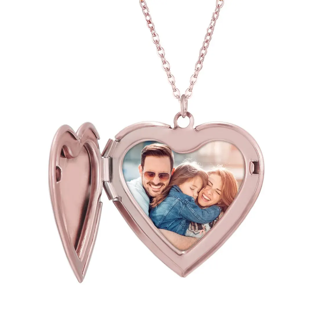 Rose Gold Heart Locket Necklace with Photo and Engraving, Gift for Her