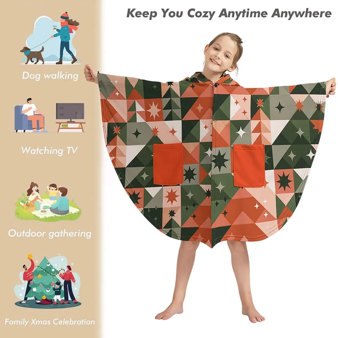 Custom Youth Hooded Cape with Pockets, Soft Fleece Wrap for Older Kids — photo 4