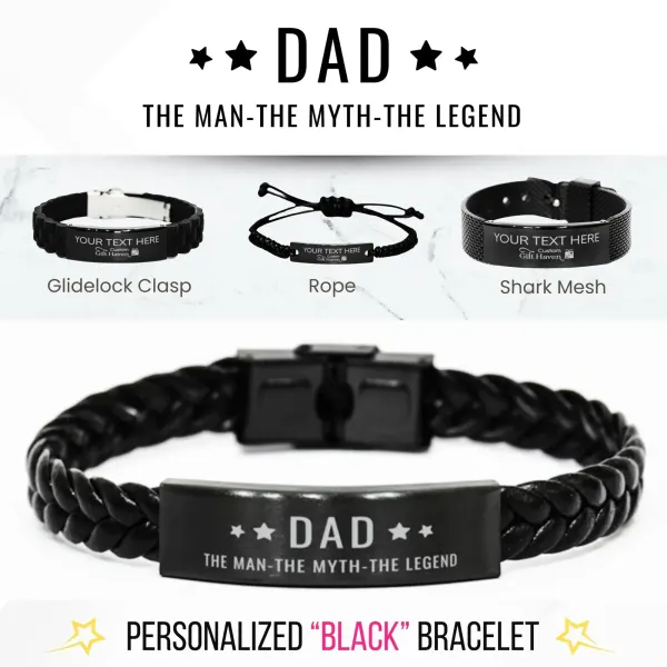 Dad the Man, the Myth, the Legend: Personalized Braided Leather Dad Bracelet, Laser Engraved Gift