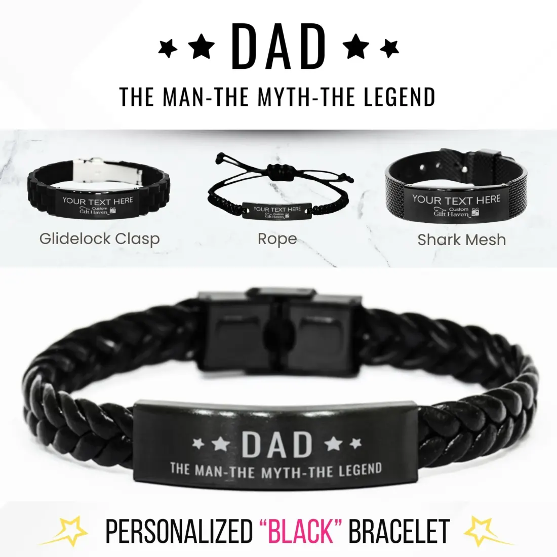 Dad the Man, the Myth, the Legend: Personalized Braided Leather Dad Bracelet, Laser Engraved Gift