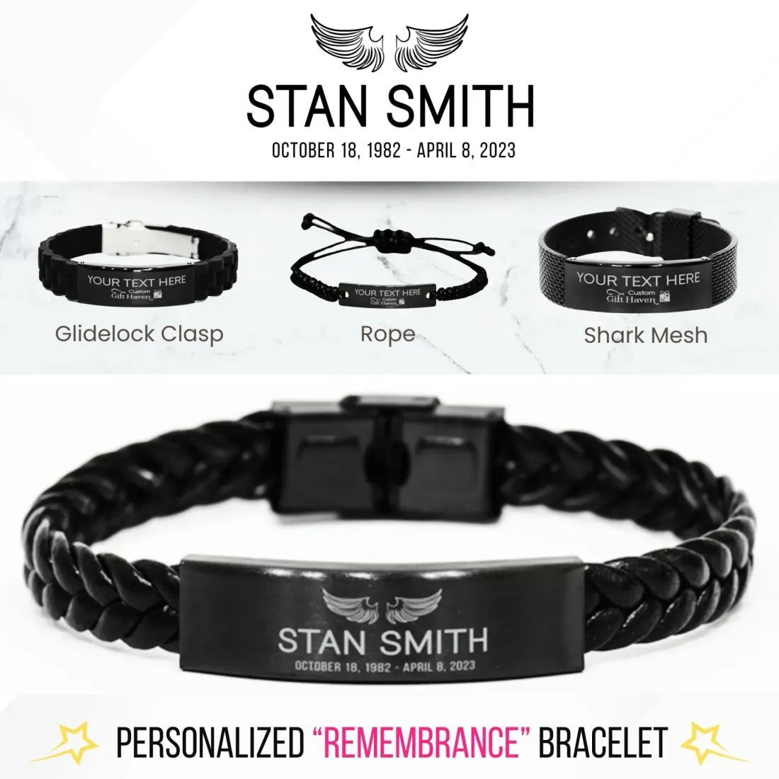 Personalized Memorial Bracelet: Wings Engraved Custom Name Date Remembrance Jewelry Gift
