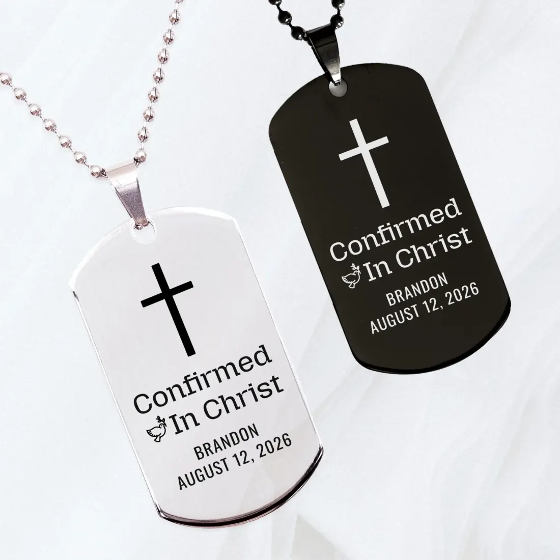 Confirmed in Christ Dog Tag Necklace: Custom Name Date Faith Gift for Christian Believer