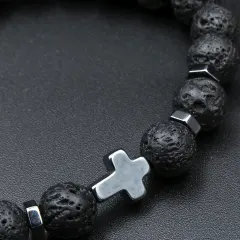 Lava Stone Cross Bracelet for Men: Personalized Christian Jewelry, Minimalist Religious Gift for Him thumbnail 1