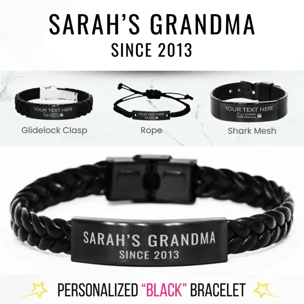 Custom Laser Engraved Black Bracelet: Personalized Grandma Gift, Name Date Jewelry