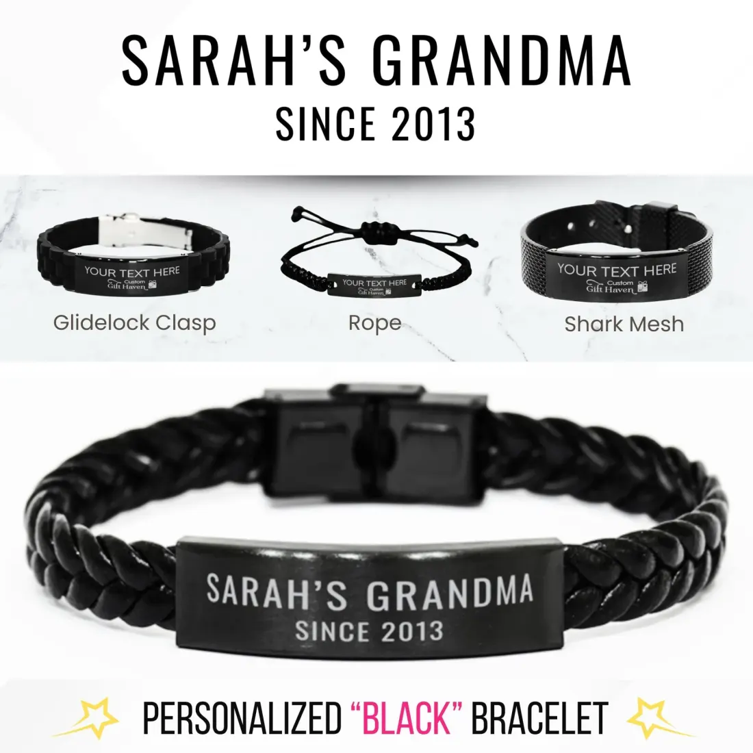 Custom Laser Engraved Black Bracelet: Personalized Grandma Gift, Name Date Jewelry