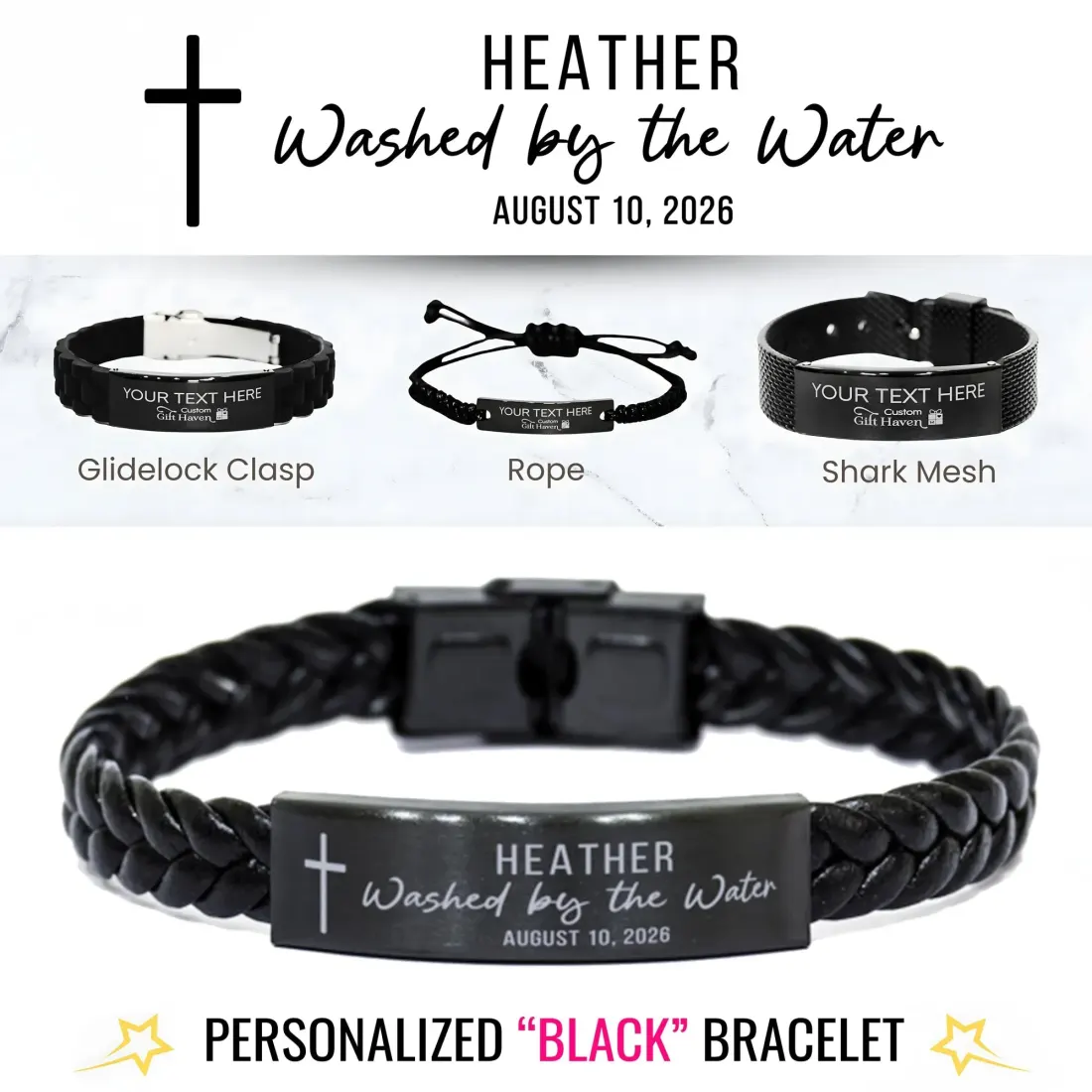Personalized Baptism Gifts for Men: Washed by the Water Engraved Name Date Bracelet Gift