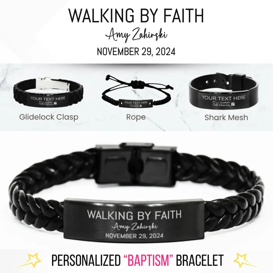 Personalized Baptism Bracelet: Custom Walking by Faith Engraved Christian Faith Jewelry Gifts