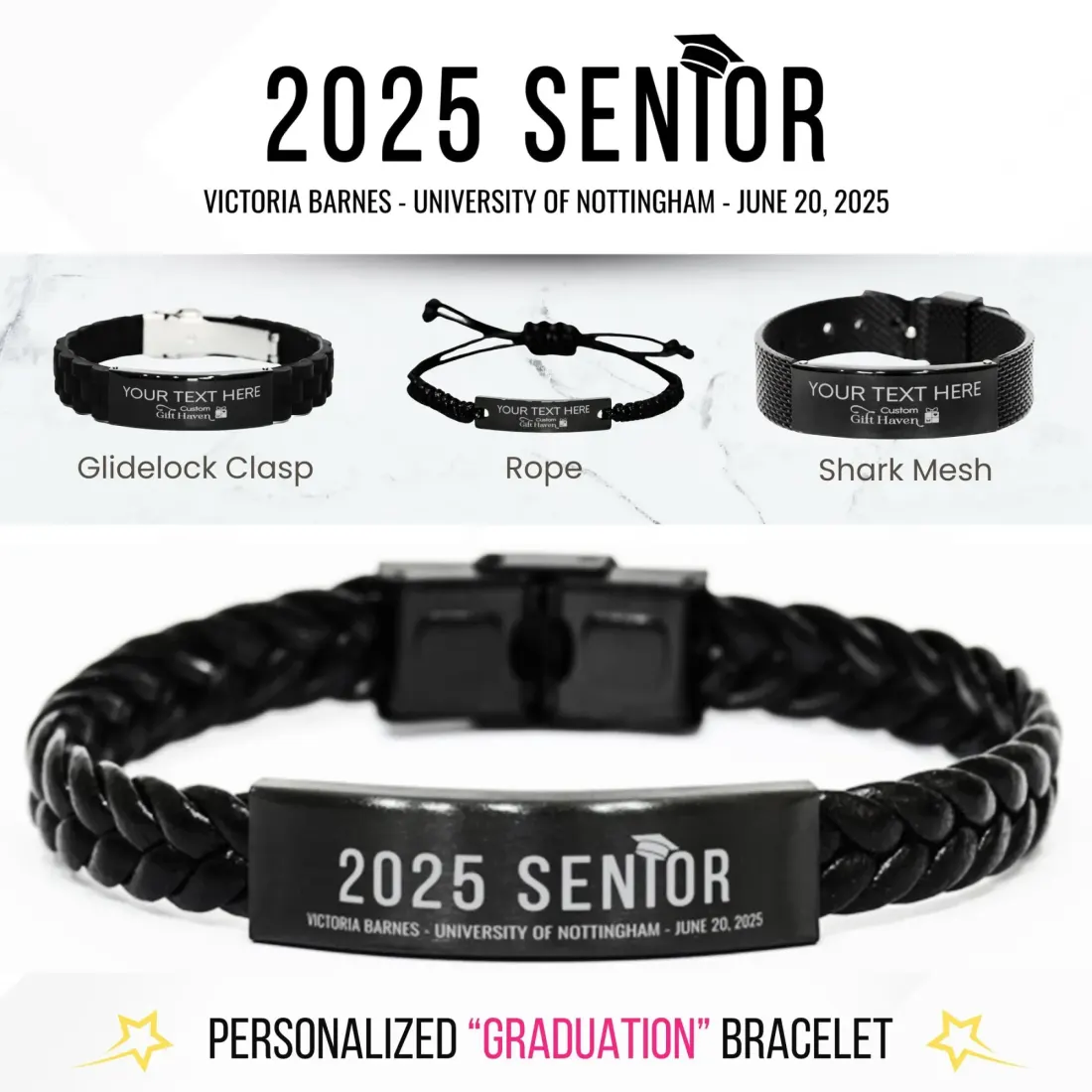 Personalized Graduation Black Bracelet: Custom 2025 Senior Jewelry, Class of 2025 Gifts