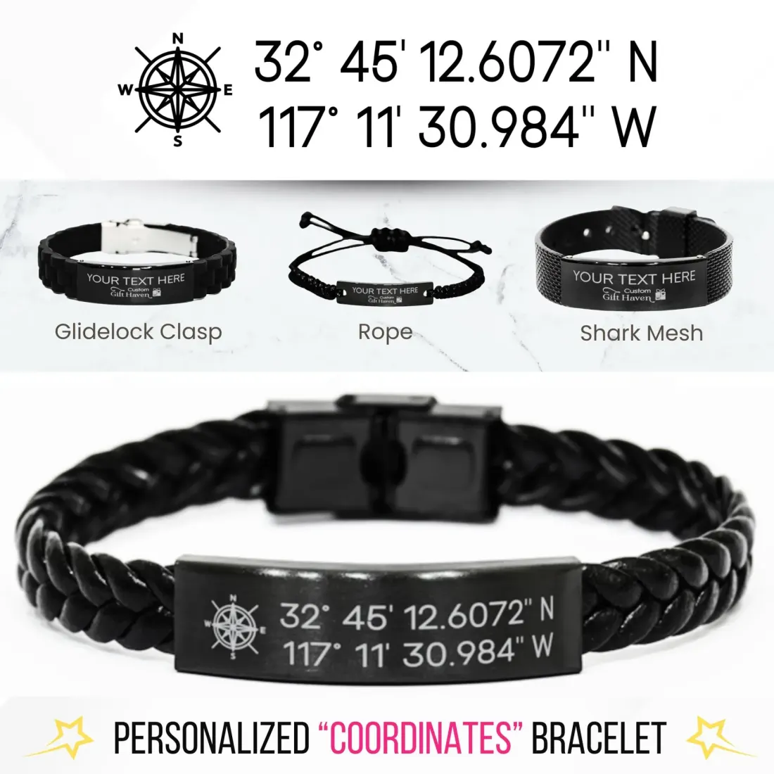 Personalized GPS Coordinates Bracelet: Black Stainless Steel Engraved Location Gift