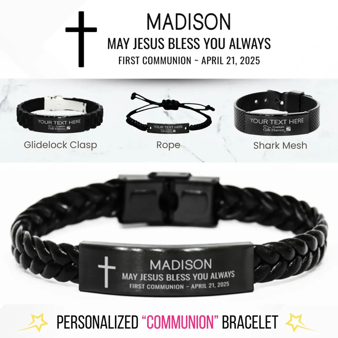 Personalized First Communion Bracelet: Custom Engraved Christian Faith Gift, Unique Catholic Jewelry