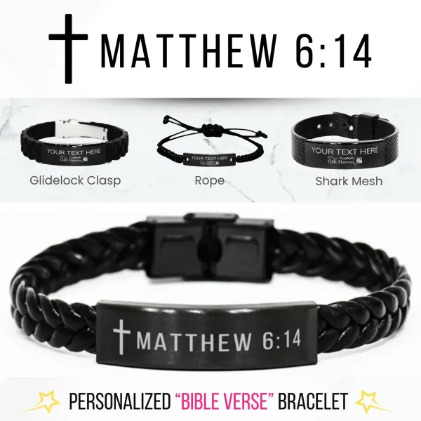 Personalized Bible Verse Bracelet: Engraved Stainless Steel Black Religious Scripture Jewelry