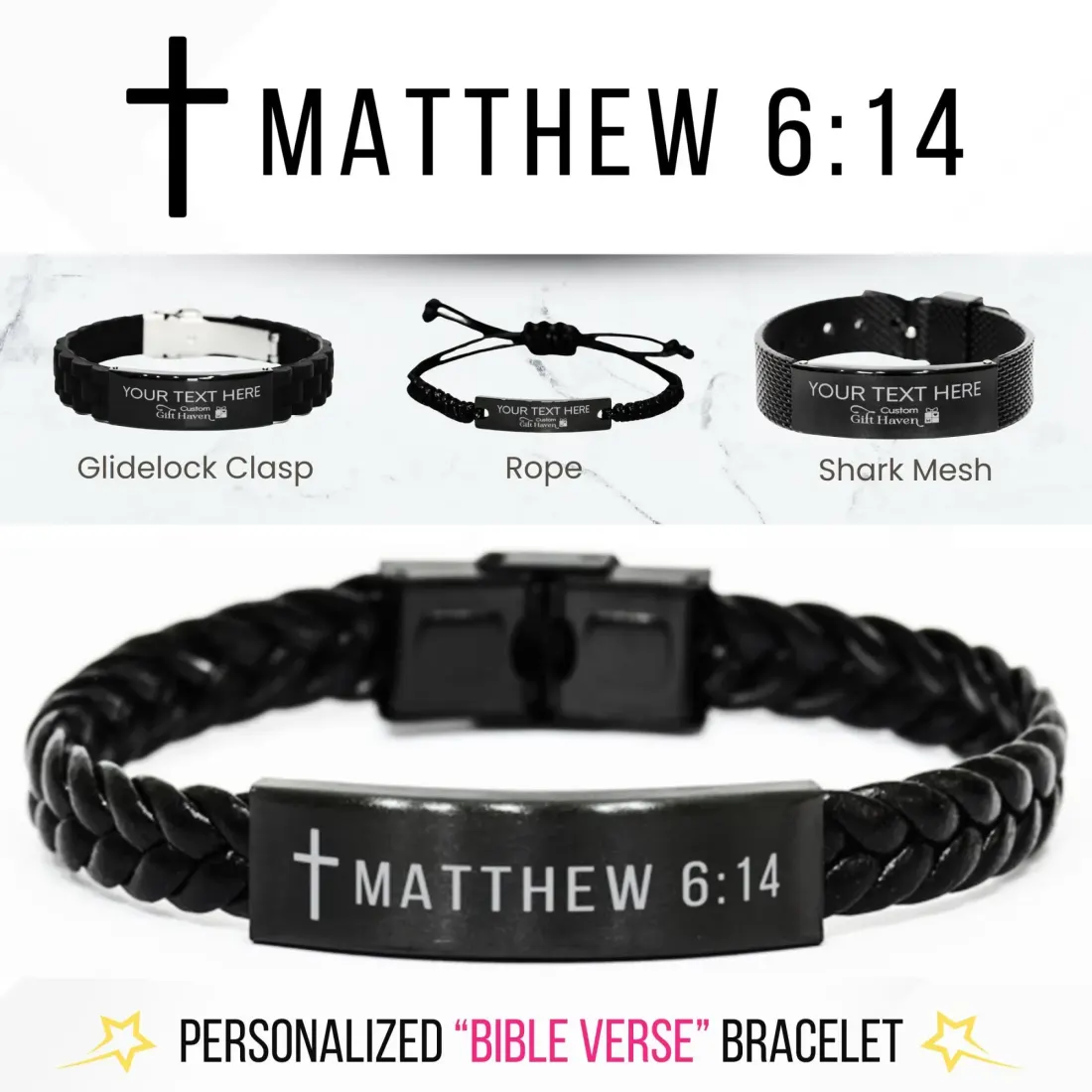 Personalized Bible Verse Bracelet: Engraved Stainless Steel Black Religious Scripture Jewelry