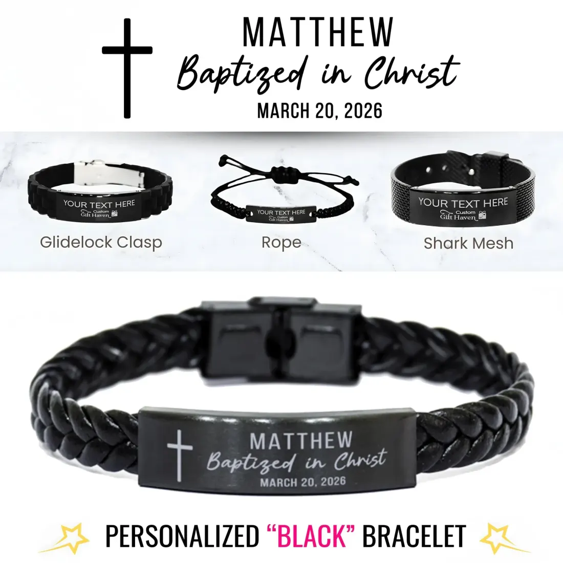 Baptized in Christ Adult Baptism Bracelet for Boy: Personalized Name Date Cross Gift