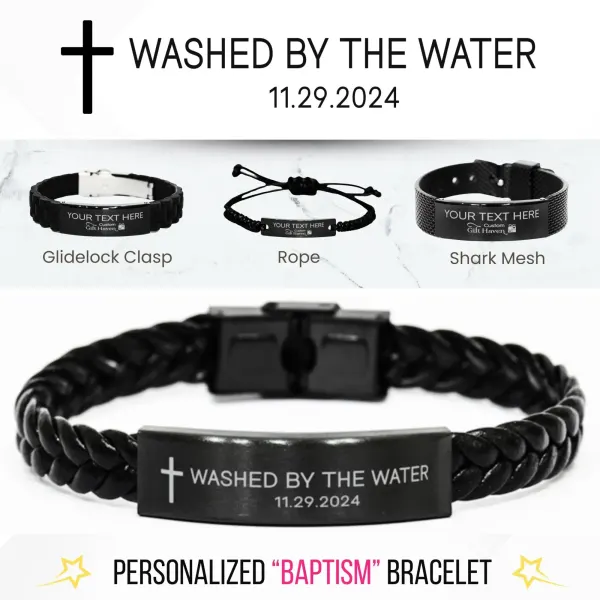 Personalized Baptism Bracelet: Washed By The Water, Laser Engraved Men Christian Baptism Gifts