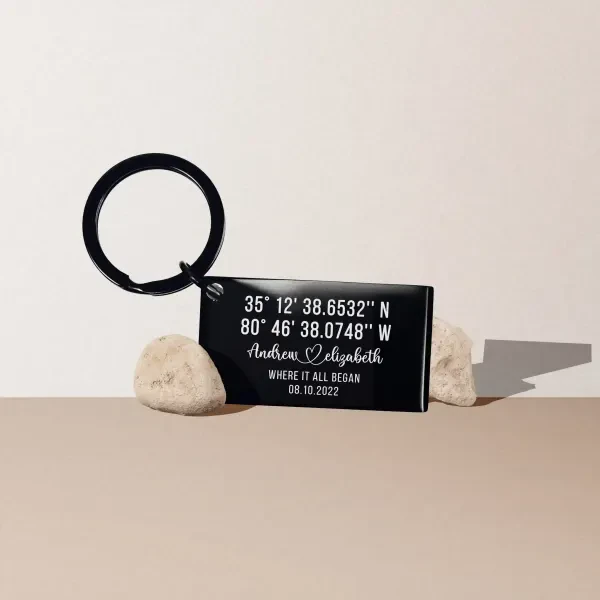 Personalized GPS Coordinates Keychain: Custom Anniversary Jewelry, Engraved Romantic Location Gift