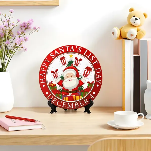 Round Christmas Decorative Plate, Santa Wall Plaque with Display Stand