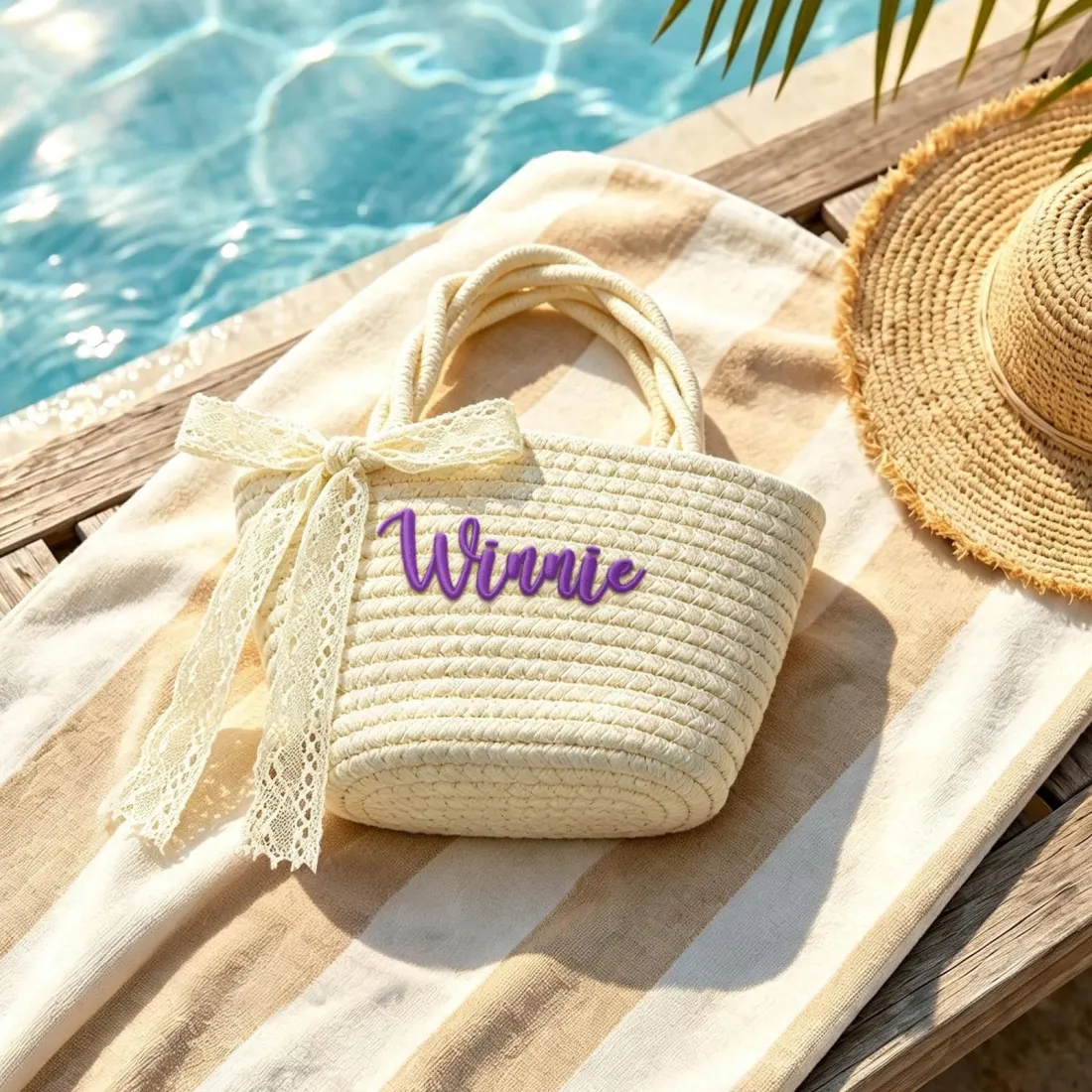 Custom Embroidered Straw Basket Bag, Personalized Name Tote, Lace Bow Beach Purse — photo 2
