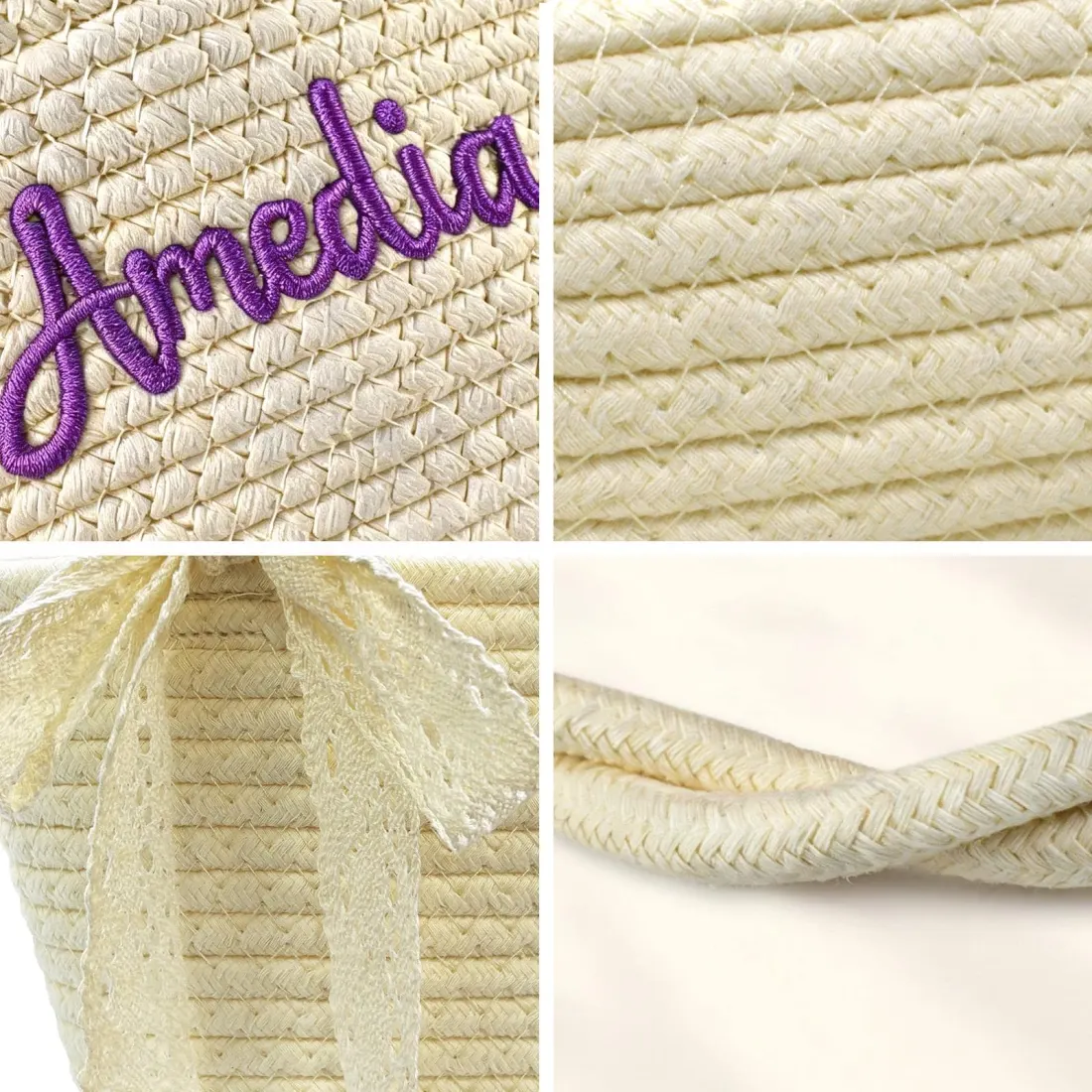 Custom Embroidered Straw Basket Bag, Personalized Name Tote, Lace Bow Beach Purse — photo 3