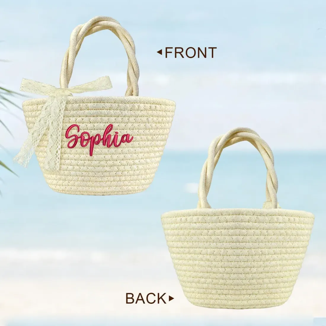 Custom Embroidered Straw Basket Bag, Personalized Name Tote, Lace Bow Beach Purse — photo 4