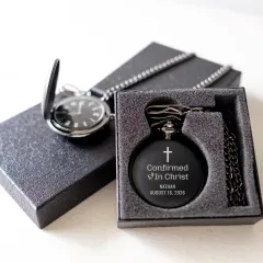 Confirmed in Christ Engraved Pocket Watch: Personalized Faith Inspired Christening Gift thumbnail 1