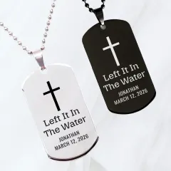 Left It in the Water Baptism Dog Tag Necklace: Personalized Engraved Christian Faith Jewelry thumbnail 1