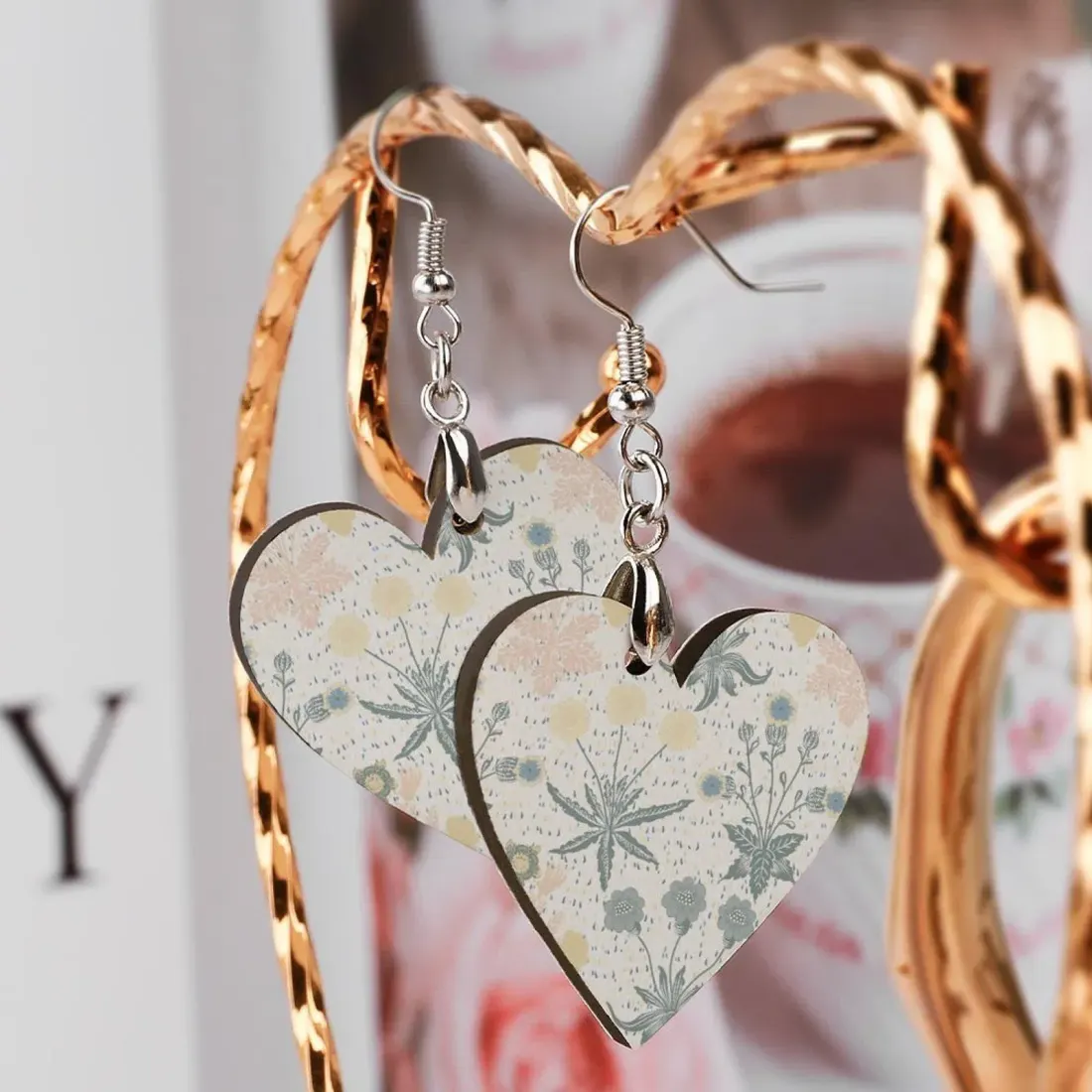 Wooden Heart Dangle Earrings, Lightweight Boho Statement Jewelry, Hypoallergenic Hooks — photo 2