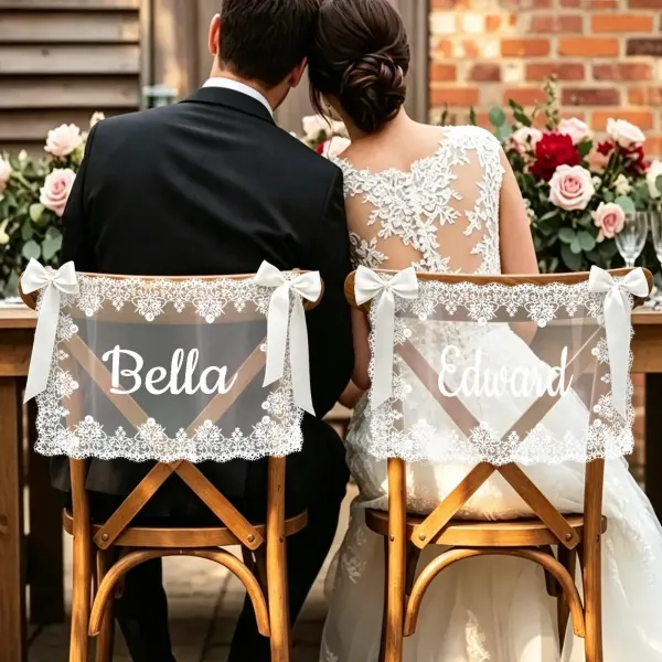 Personalized Lace Wedding Chair Decor, Custom Name Bride and Groom Chairs, Romantic Ceremony Covers