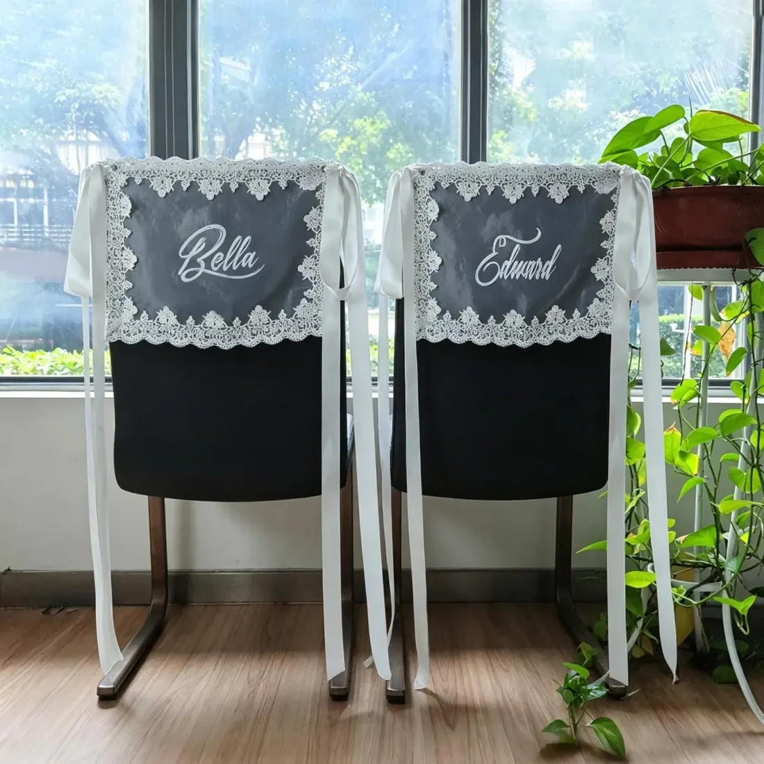 Personalized Lace Wedding Chair Decor, Custom Name Bride and Groom Chairs, Romantic Ceremony Covers — photo 2