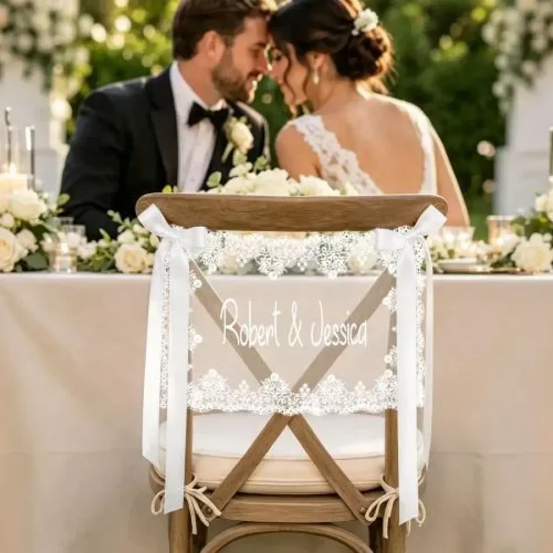 Personalized Lace Wedding Chair Decor, Custom Name Bride and Groom Chairs, Romantic Ceremony Covers — photo 3