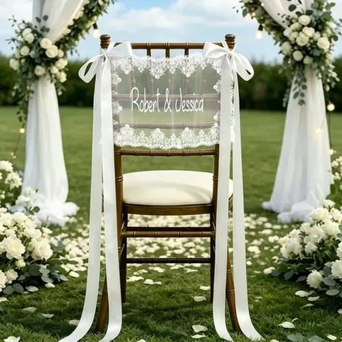 Personalized Lace Wedding Chair Decor, Custom Name Bride and Groom Chairs, Romantic Ceremony Covers — photo 5
