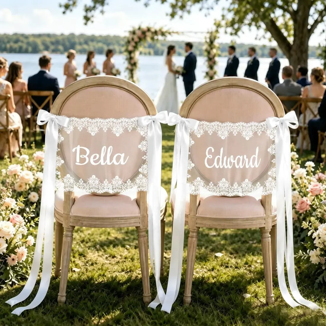 Personalized Lace Wedding Chair Decor, Custom Name Bride and Groom Chairs, Romantic Ceremony Covers — photo 6