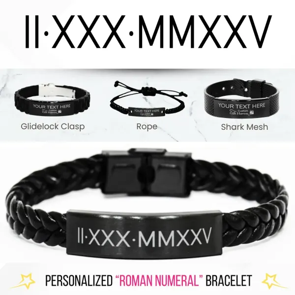 Custom Roman Numeral Bracelet, Personalized Anniversary Jewelry Gift, Elegant Engraved Memory Black keepsakes